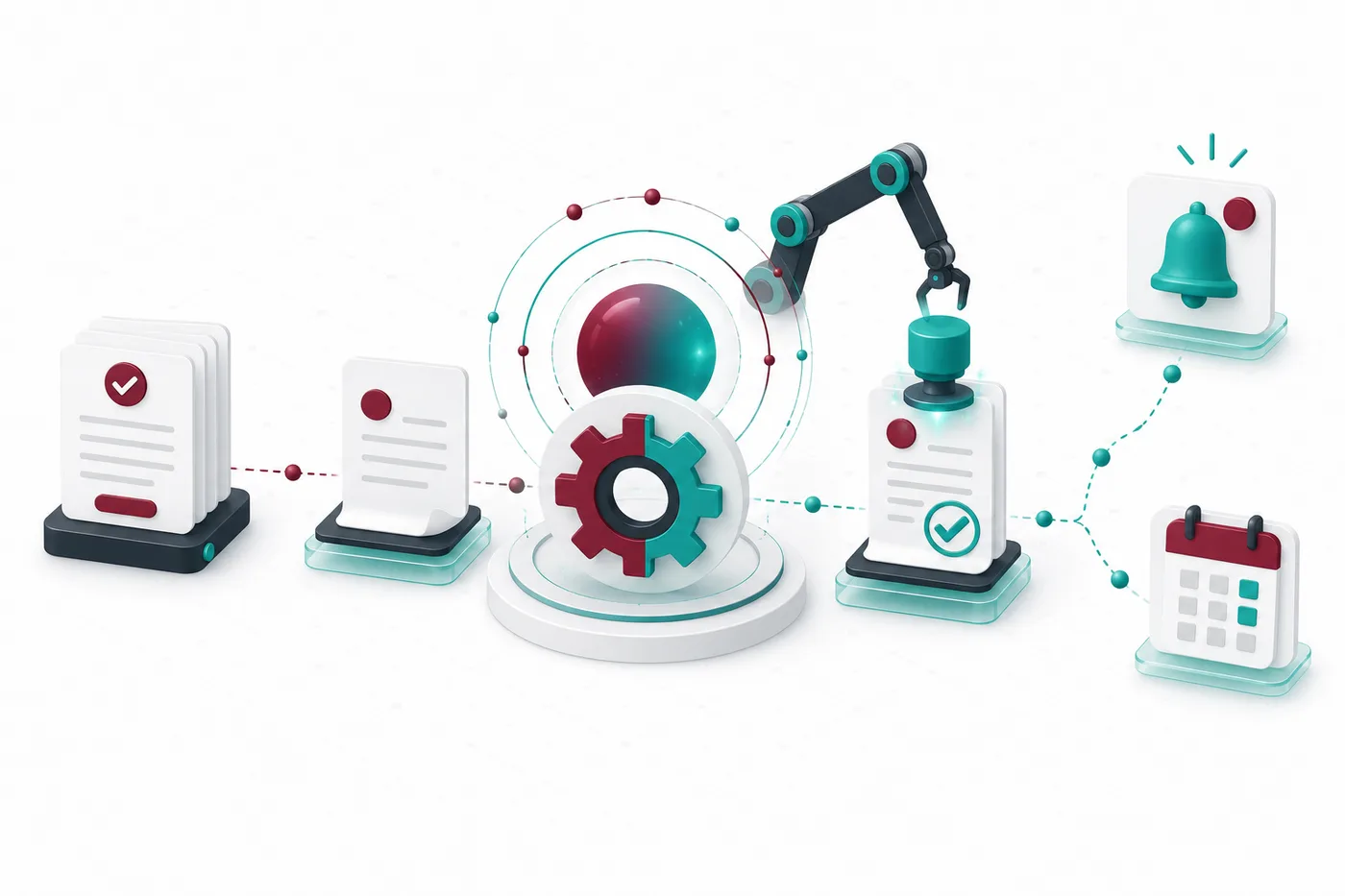 A central automation mechanism stamping approval documents with checkmarks, then sending out a notification and a calendar event