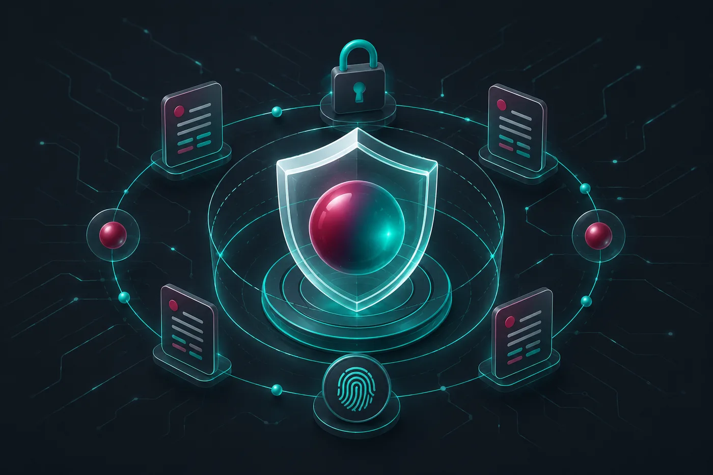 A glowing translucent shield protecting an AI core, surrounded by a padlock, fingerprint and audit-log documents on a dark background